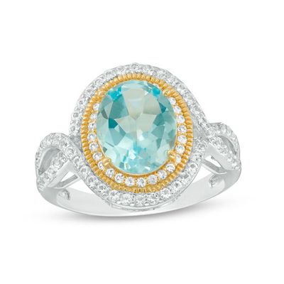 Oval Blue and White Topaz Vintage-Style Twist Shank Ring in Sterling Silver and 18K Gold Plate