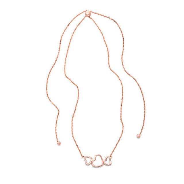 Lab-Created White Sapphire Triple Heart Bolo Necklace in Sterling Silver with 18K Rose Gold Plate - 26"