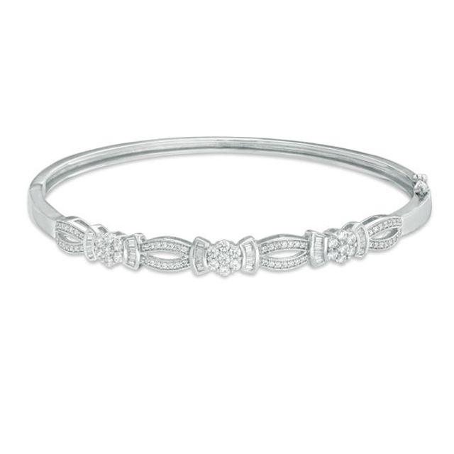 1 CT. T.w. Baguette and Round Diamond Bow Bangle in 10K White Gold - 7.5"