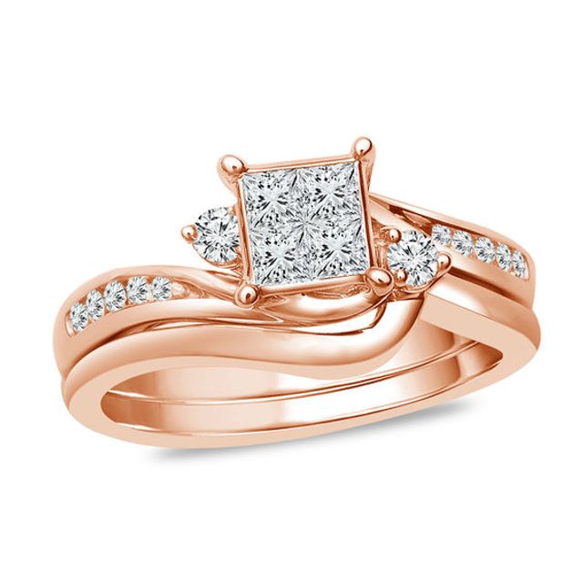 1/2 CT. T.w. Quad Princess-Cut Diamond Bypass Bridal Set in 10K Rose Gold