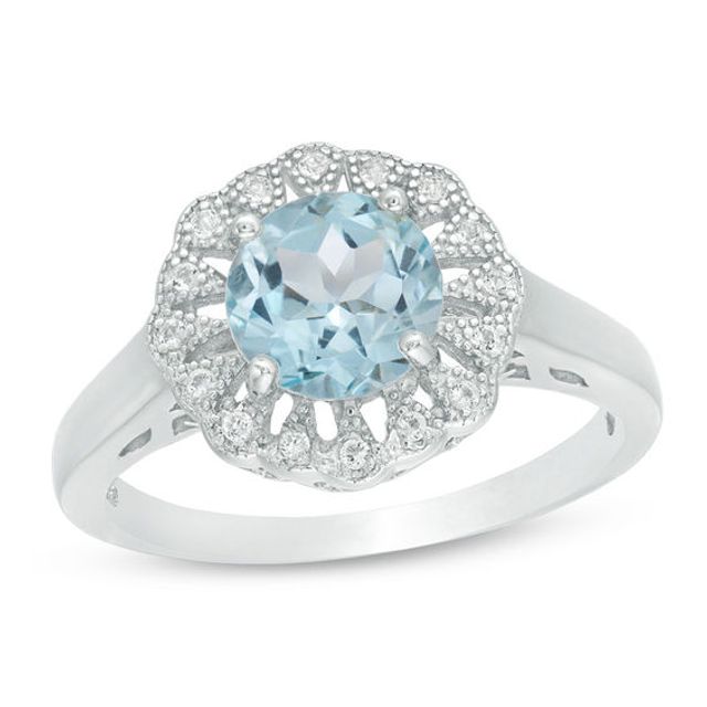 7.0mm Blue and White Topaz Vintage-Style Frame Ring Sterling Silver