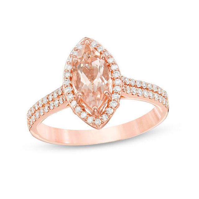 Marquise Morganite and 1/3 CT. T.w. Diamond Frame Double Row Ring in 10K Rose Gold