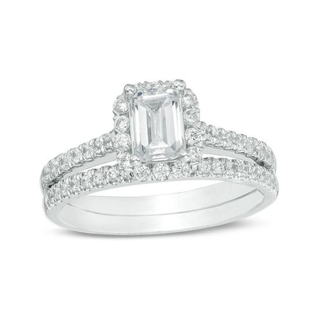 1-1/5 CT. T.w. Certified Emerald-Cut Diamond Frame Bridal Set in 14K White Gold (I/Si2)