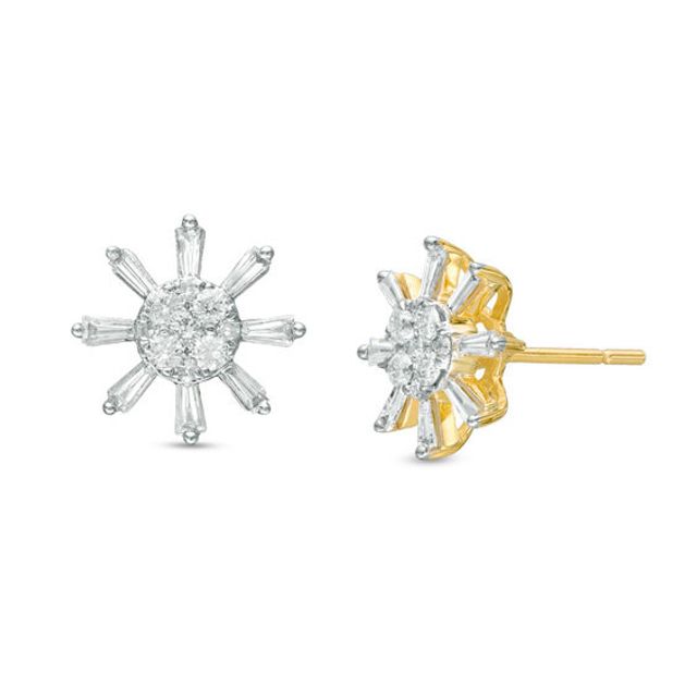 1/2 CT. T.w. Baguette and Round Diamond Sunburst Stud Earrings in 10K Gold