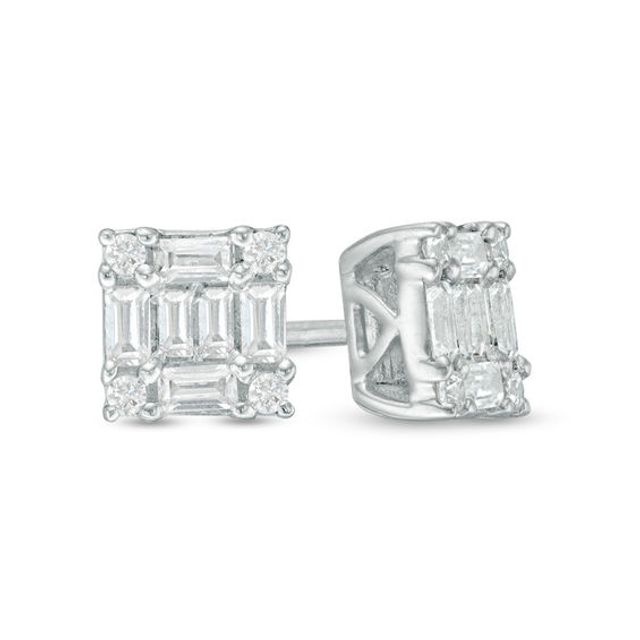 1/4 CT. T.w. Baguette and Round Composite Diamond Stud Earrings in 10K White Gold