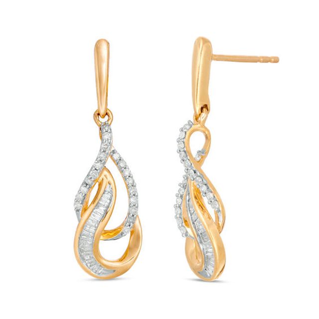 1/3 CT. T.w. Baguette and Round Diamond Double Teardrop Earrings in 10K Gold