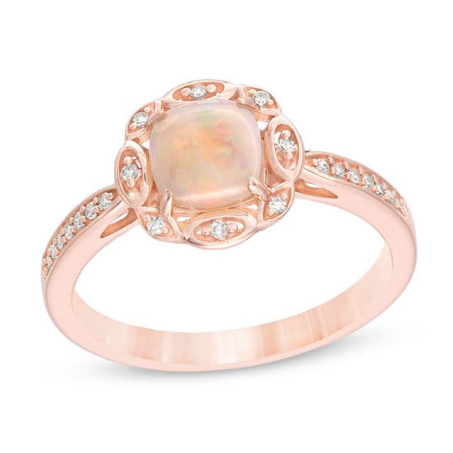 6.0mm Cushion-Cut Opal and Diamond Accent Floral Ring in 10K Rose Gold