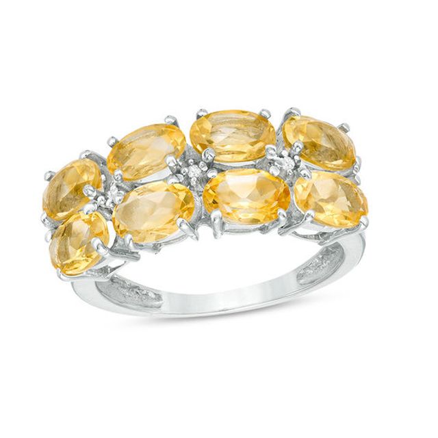 Sideways Oval Citrine and Diamond Accent Double Row Ring in Sterling Silver