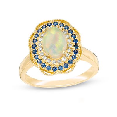 Oval Opal, Blue Sapphire and 1/10 CT. T.w. Diamond Frame Vintage-Style Ring in 14K Gold