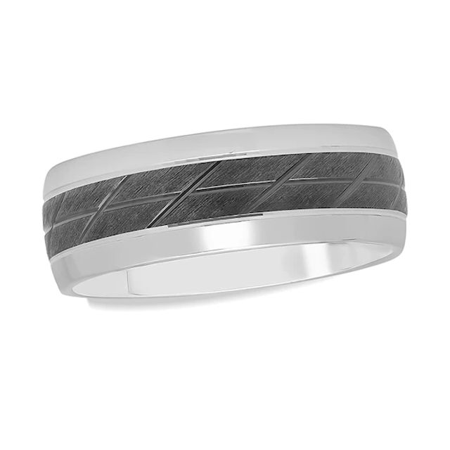 Men's 8.0mm Diamond-Cut Slant Groove Center Wedding Band in Sterling Silver and Black Rhodium