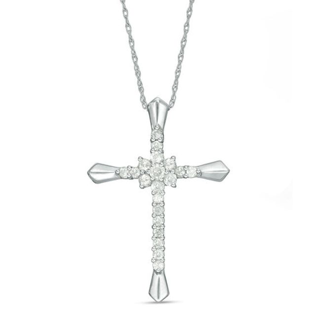 3/8 CT. T.w. Diamond Flower Cluster Cross Pendant in 10K White Gold