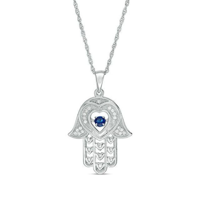 Lab-Created Blue and White Sapphire Hamsa Pendant in Sterling Silver