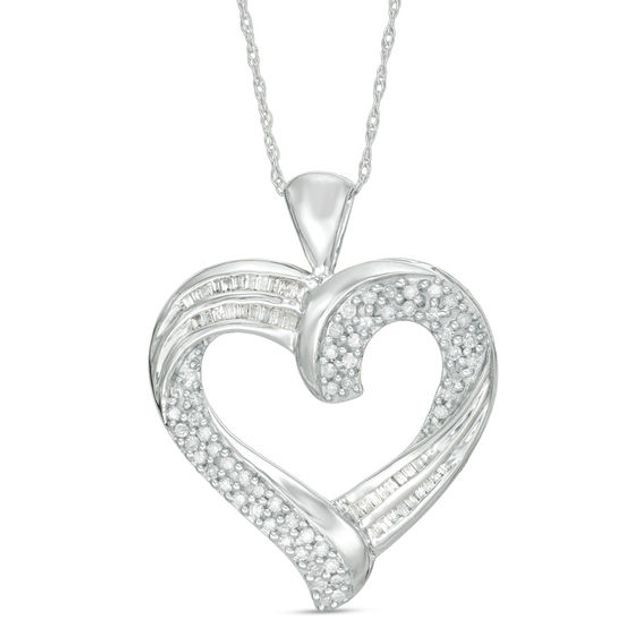 1/2 CT. T.w. Baguette and Round Diamond Heart Pendant in 10K White Gold