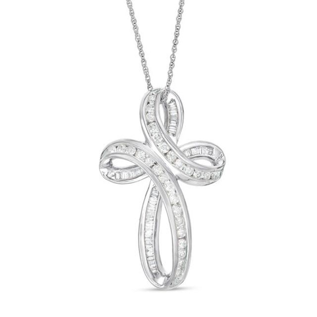 3/4 CT. T.w. Baguette and Round Diamond Loop Cross Pendant in 10K White Gold