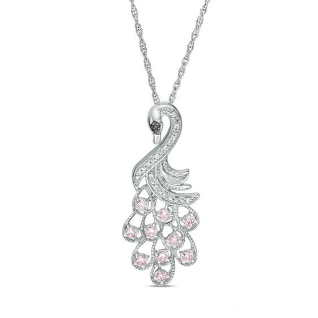 Lab-Created Pink and White Sapphire with Black Diamond Accent Peacock Pendant in Sterling Silver