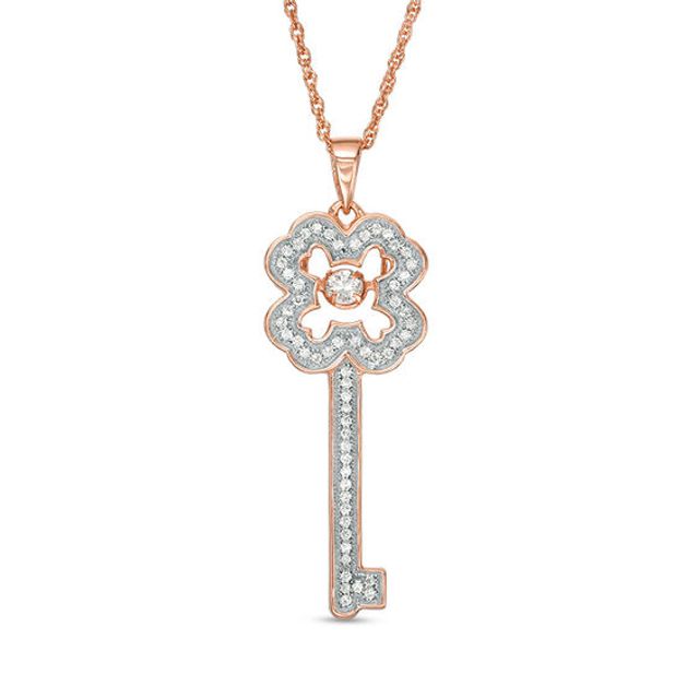 Lab-Created White Sapphire Clover-Top Key Pendant in Sterling Silver with 14K Rose Gold Plate