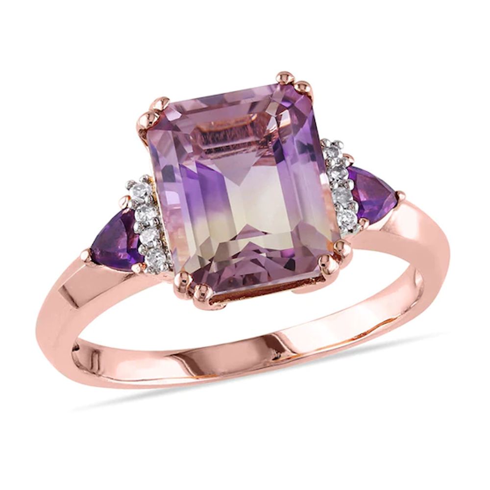 Emerald-Cut Ametrine, Trillion-Cut Amethyst and 1/20 CT. T.w. Diamond Ring Sterling Silver with Rose Rhodium