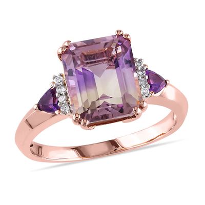 Emerald-Cut Ametrine, Trillion-Cut Amethyst and 1/20 CT. T.w. Diamond Ring in Sterling Silver with Rose Rhodium