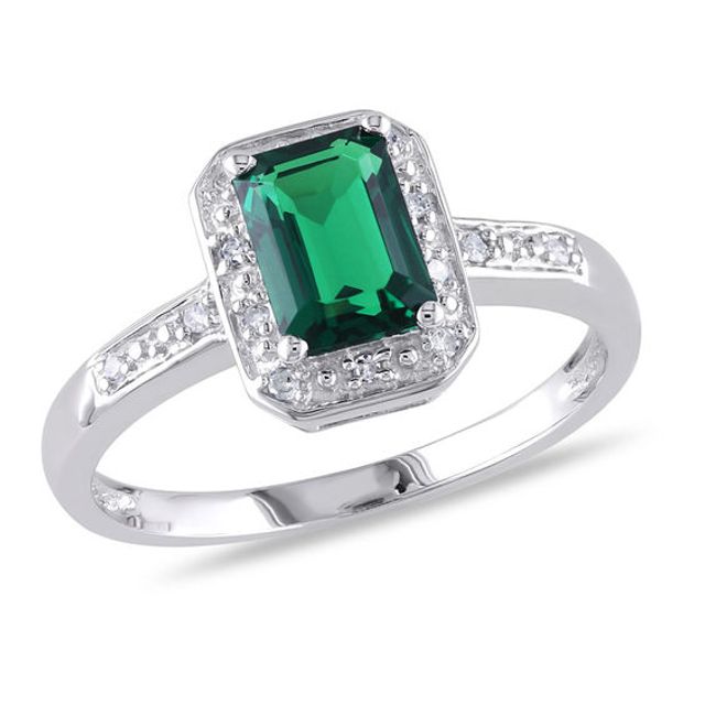 Emerald-Cut Lab-Created Emerald and 1/20 CT. T.w. Diamond Frame Ring in Sterling Silver