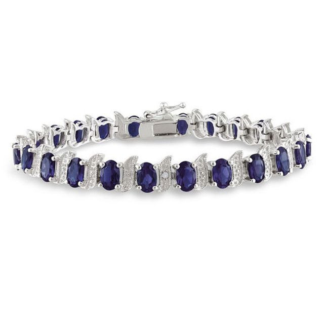 Oval Lab-Created Blue Sapphire and Diamond Accent Cascading Bracelet in Sterling Silver