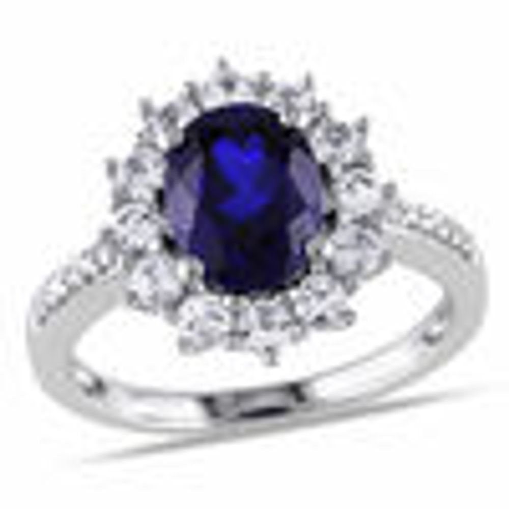 Oval Lab-Created Blue and White Sapphire Sunburst Frame Ring in Sterling Silver with Diamond Accents