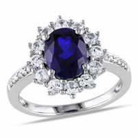 Oval Lab-Created Blue and White Sapphire Sunburst Frame Ring Sterling Silver with Diamond Accents