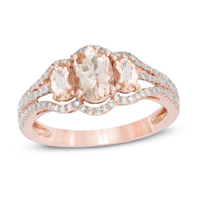Oval Morganite and 1/3 CT. T.w. Diamond Three Stone Ring in 10K Rose Gold