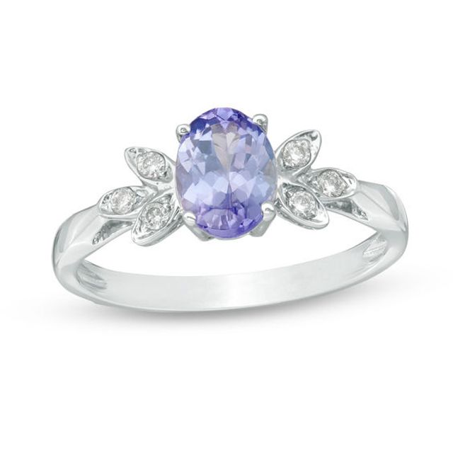 Oval Tanzanite and 1/10 CT. T.w. Diamond Petals Ring in 10K White Gold