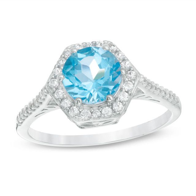 7.0mm Blue Topaz and Lab-Created White Sapphire Hexagon Frame Ring in Sterling Silver