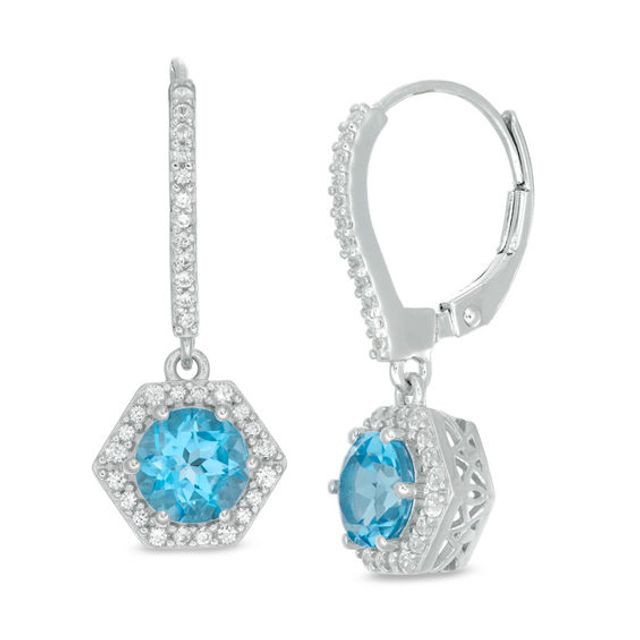 6.0mm Blue Topaz and Lab-Created White Sapphire Hexagon Frame Drop Earrings in Sterling Silver
