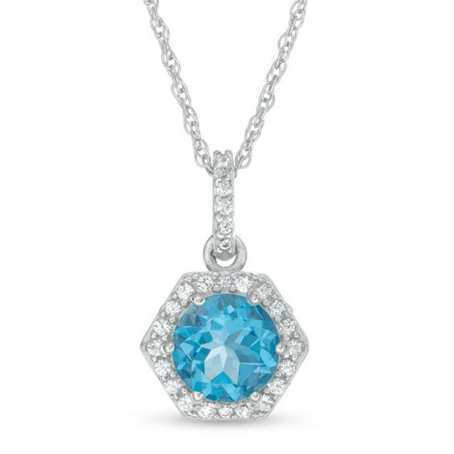 7.0mm Blue Topaz and Lab-Created White Sapphire Hexagon Frame Pendant in Sterling Silver