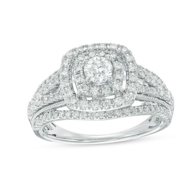 1 CT. T.w. Diamond Double Cushion Frame Multi-Row Vintage-Style Engagement Ring in 14K White Gold