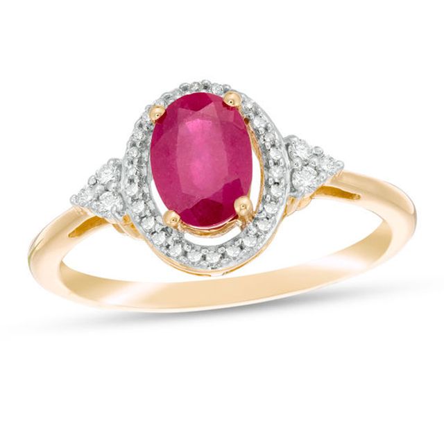 Oval Ruby and 1/6 CT. T.w. Diamond Frame Tri-Sides Ring in 10K Gold