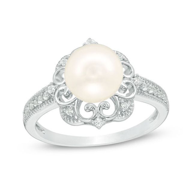 8.0mm Freshwater Cultured Pearl and Lab-Created White Sapphire Vintage-Style Ring in Sterling Silver