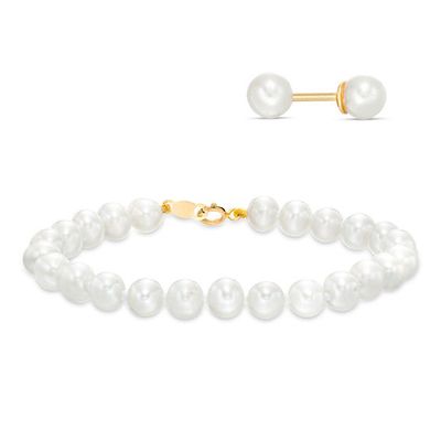 Child's 3.75-5.0mm Freshwater Cultured Pearl Bracelet and Stud Earrings Set in 14K Gold-5.25"