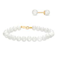 Child's 3.75-5.0mm Freshwater Cultured Pearl Bracelet and Stud Earrings Set in 14K Gold-5.25"