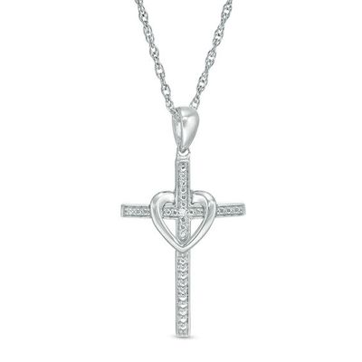 Diamond Accent Cross with Heart Pendant in Sterling Silver