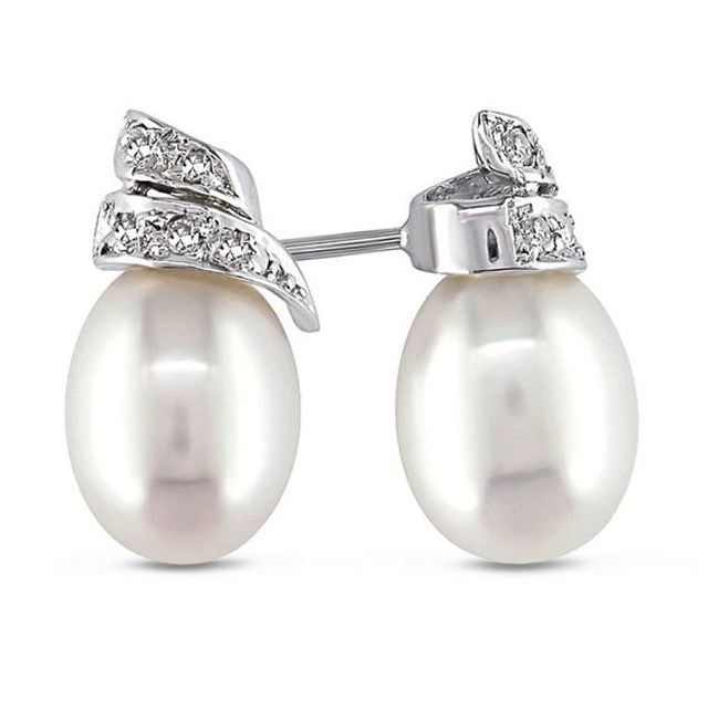 6.5-7.0mm Baroque Freshwater Cultured Pearl and Diamond Accent Drop Earrings in 14K White Gold