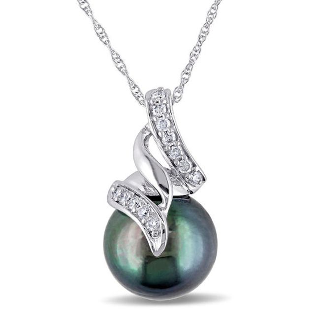 9.5-10.0mm Black Tahitian Cultured Pearl and 1/10 CT. T.w. Diamond Cascading Ribbon Pendant in 10K White Gold-17"