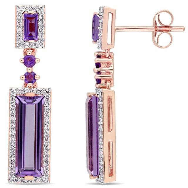 Elongated Baguette Amethyst and 1/3 CT. T.w. Diamond Frame Drop Earrings in 14K Rose Gold