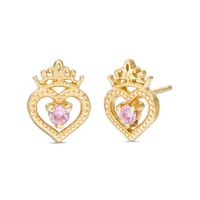 Child's Disney Twinkle Princess Pink Sapphire Beaded Heart with Tiara Stud Earrings in 14K Gold