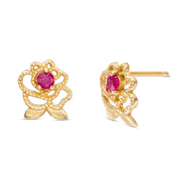 Child's Disney Twinkle Belle Ruby Beaded Rose Stud Earrings in 14K Gold