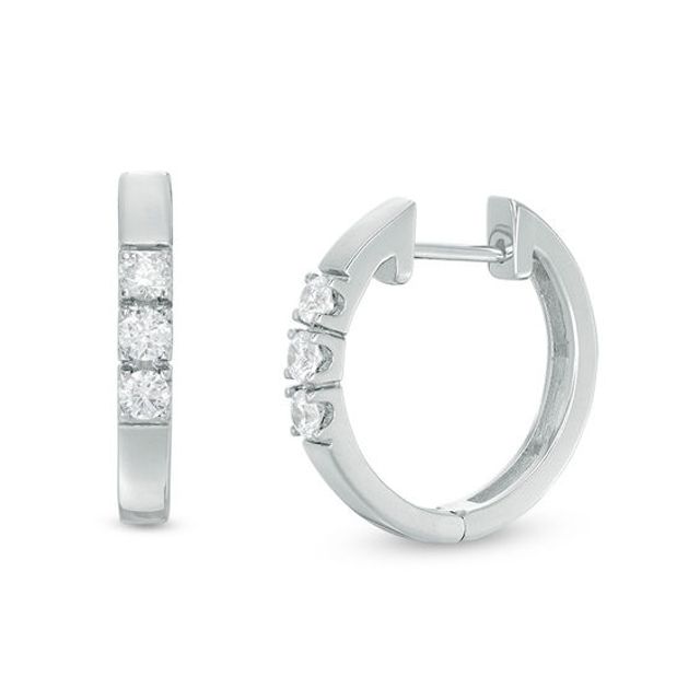 3/8 CT. T.w. Diamond Three Stone Hoop Earrings in 10K White Gold