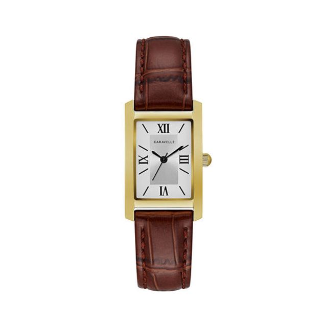 Ladies' Caravelle by Bulova Gold-Tone Strap Watch with Rectangular Silver-Tone Dial (Model: 44L234)