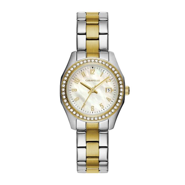 Ladies' Caravelle by Bulova Petite Collection Crystal Accent Two-Tone Watch with Mother-of-Pearl Dial (Model: 45M113)