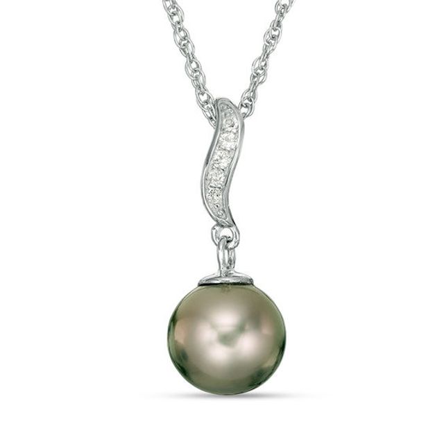 8.0-9.0mm Tahitian Cultured Pearl and Lab-Created White Sapphire Drop Pendant in Sterling Silver