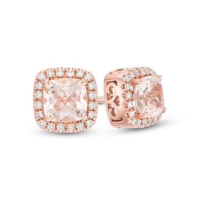 5.0mm Cushion-Cut Morganite and 1/10 CT. T.w. Diamond Frame Stud Earrings in 10K Rose Gold