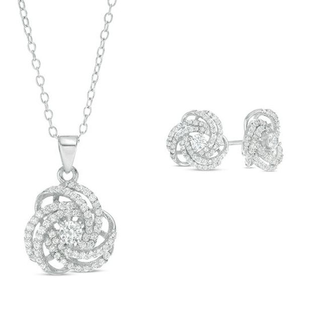 Lab-Created White Sapphire Orbit Love Knot Pendant and Stud Earrings Set in Sterling Silver