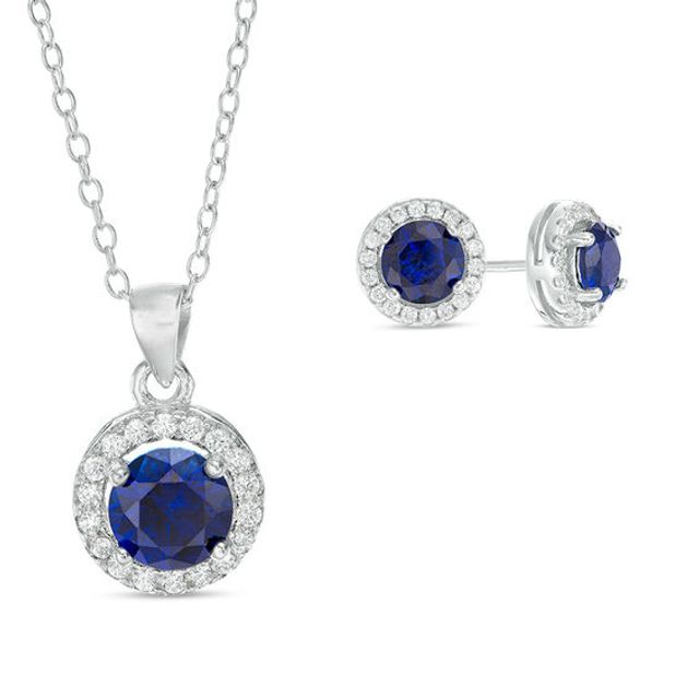 6.0mm Lab-Created Blue and White Sapphire Pendant and Stud Earrings Set in Sterling Silver