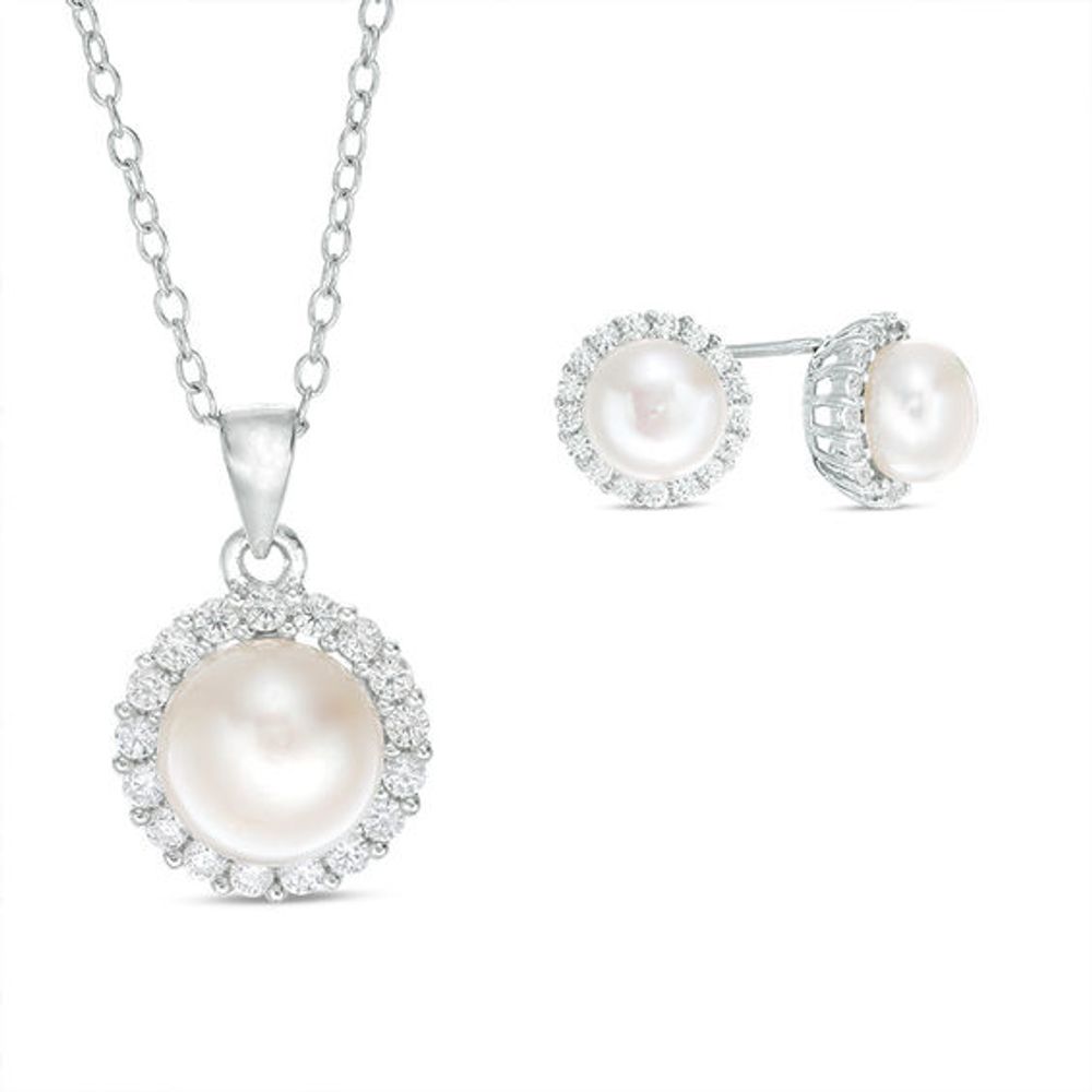 Button Freshwater Cultured Pearl and Lab-Created White Sapphire Frame Pendant and Stud Earrings Set in Sterling Silver